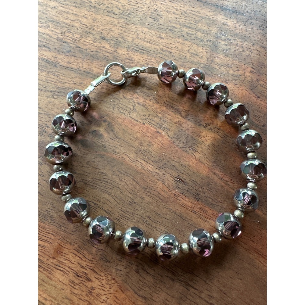 Purple Crystal Beaded Bracelet Silver Tone Clasp Jewelry Woman Accessory